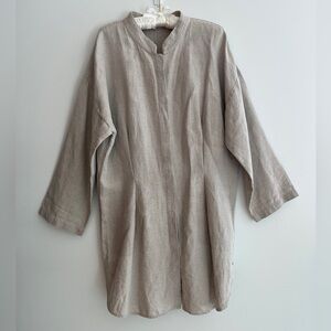 EILEEN FISHER Linen Long Coat Snap Front Fitted Mandarin Collar Duster Coastal